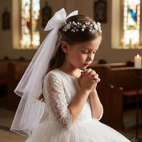 First Communion Veil Set - Catholic White Bow Veil and Flower Crown for Holy Communion Wedding Flower Girl Headpiece in Kuwait