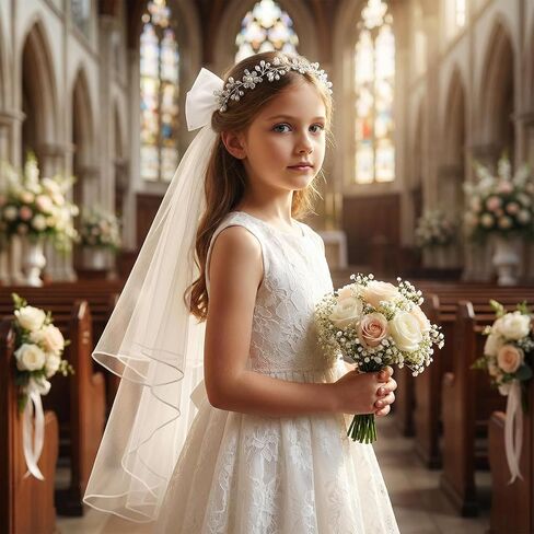 First Communion Veil Set - Catholic White Bow Veil and Flower Crown for Holy Communion Wedding Flower Girl Headpiece in Kuwait