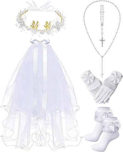 Girls First Communion Veil and Pearl Accessories Set, Includes Rosary Bracelet, Necklace, White Bow Gloves, Lace Socks, and Headband for Holy Catholic Ceremony in Kuwait