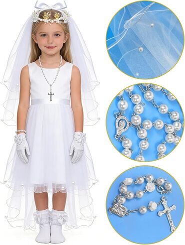 Girls First Communion Veil and Pearl Accessories Set, Includes Rosary Bracelet, Necklace, White Bow Gloves, Lace Socks, and Headband for Holy Catholic Ceremony in Kuwait
