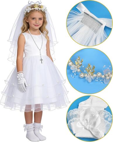 Girls First Communion Veil and Pearl Accessories Set, Includes Rosary Bracelet, Necklace, White Bow Gloves, Lace Socks, and Headband for Holy Catholic Ceremony in Kuwait