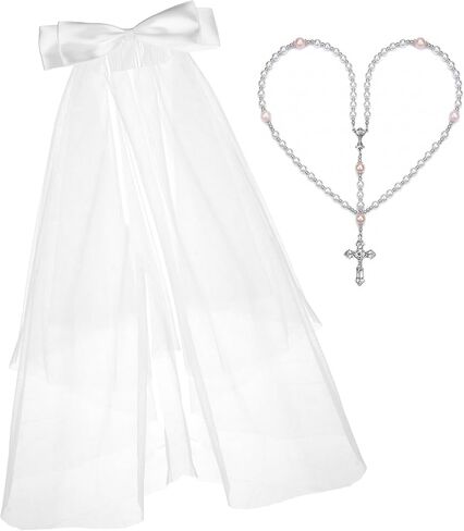 Girls First Communion Veil Set with Pearl Beads Rosary Necklace, White, 21.6 Inch Veil, Includes Satin Gift Bag in Saudi Arabia