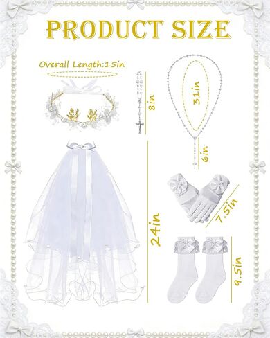 Girls First Communion Veil and Pearl Accessories Set, Includes Rosary Bracelet, Necklace, White Bow Gloves, Lace Socks, and Headband for Holy Catholic Ceremony in Kuwait