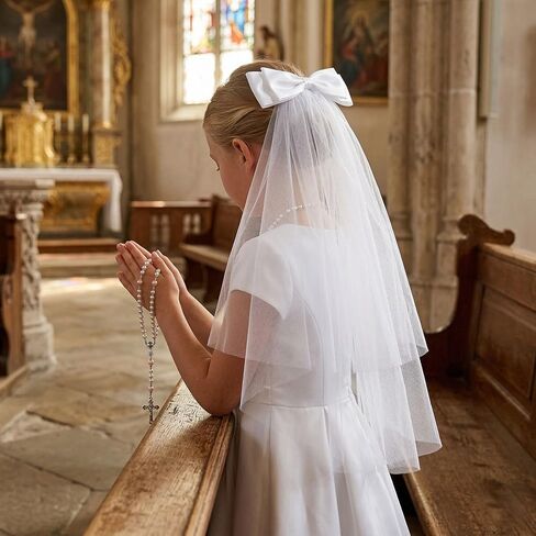 Girls First Communion Veil Set with Pearl Beads Rosary Necklace, White, 21.6 Inch Veil, Includes Satin Gift Bag in Saudi Arabia
