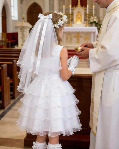 Girls First Communion Veil and Pearl Accessories Set, Includes Rosary Bracelet, Necklace, White Bow Gloves, Lace Socks, and Headband for Holy Catholic Ceremony in Kuwait