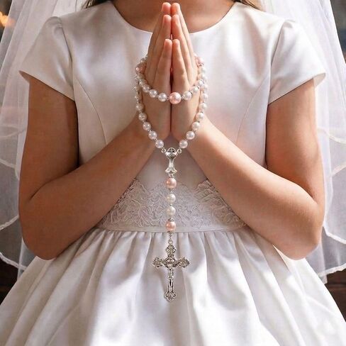 Girls First Communion Veil Set with Pearl Beads Rosary Necklace, White, 21.6 Inch Veil, Includes Satin Gift Bag in Saudi Arabia