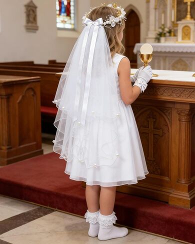 Girls First Communion Veil and Pearl Accessories Set, Includes Rosary Bracelet, Necklace, White Bow Gloves, Lace Socks, and Headband for Holy Catholic Ceremony in Kuwait