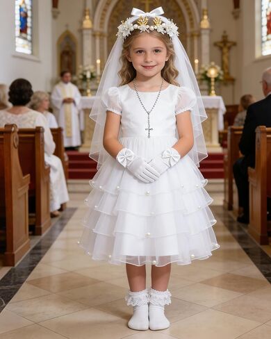 Girls First Communion Veil and Pearl Accessories Set, Includes Rosary Bracelet, Necklace, White Bow Gloves, Lace Socks, and Headband for Holy Catholic Ceremony in Kuwait