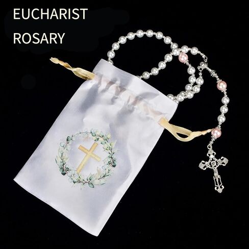 Girls First Communion Veil Set with Pearl Beads Rosary Necklace, White, 21.6 Inch Veil, Includes Satin Gift Bag in Saudi Arabia