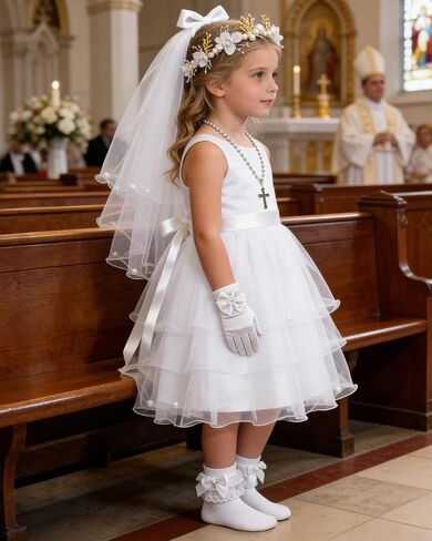 Girls First Communion Veil and Pearl Accessories Set, Includes Rosary Bracelet, Necklace, White Bow Gloves, Lace Socks, and Headband for Holy Catholic Ceremony in Kuwait
