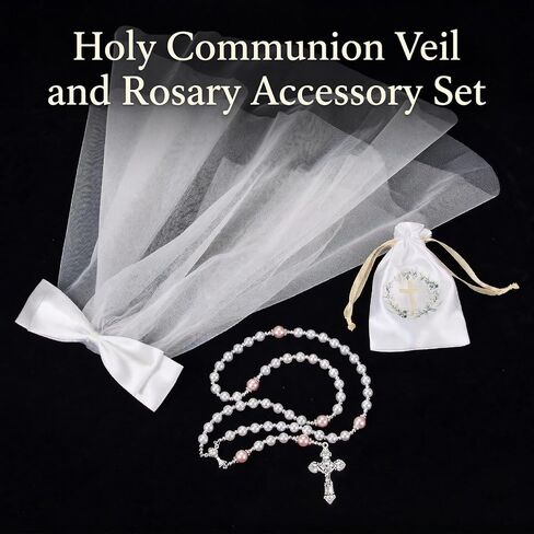 Girls First Communion Veil Set with Pearl Beads Rosary Necklace, White, 21.6 Inch Veil, Includes Satin Gift Bag in Saudi Arabia