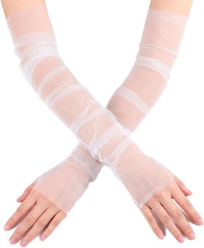 Long White Tulle Gloves for Women – 1 Pair Elbow-Length Bridal Fingerless Gloves, Soft Sheer Mesh Gloves for Wedding, Prom, Ball, and Vintage Costume Accessories in Kuwait