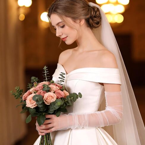 Long White Tulle Gloves for Women – 1 Pair Elbow-Length Bridal Fingerless Gloves, Soft Sheer Mesh Gloves for Wedding, Prom, Ball, and Vintage Costume Accessories in Kuwait