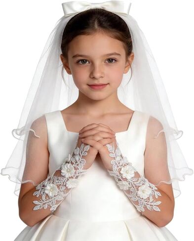 2 Pcs First Communion Veil and Gloves Set for Girls 1st Holy Communion Accessories for Kids Wedding Party Costume in Saudi Arabia