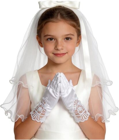 2 Pcs First Communion Veil and Gloves Set for Girls 1st Holy Communion Accessories for Kids Wedding Party Costume in Saudi Arabia