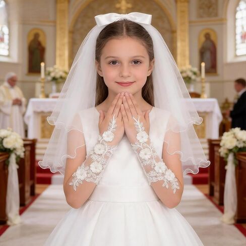 2 Pcs First Communion Veil and Gloves Set for Girls 1st Holy Communion Accessories for Kids Wedding Party Costume in Saudi Arabia
