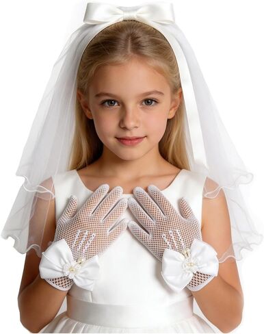 2 Pcs First Communion Veil and Gloves Set for Girls 1st Holy Communion Accessories for Kids Wedding Party Costume in Saudi Arabia