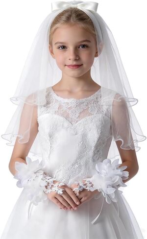 2 Pcs First Communion Veil and Gloves Set for Girls 1st Holy Communion Accessories for Kids Wedding Party Costume in Saudi Arabia