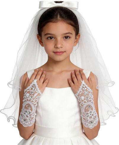 2 Pcs First Communion Veil and Gloves Set for Girls 1st Holy Communion Accessories for Kids Wedding Party Costume in Saudi Arabia