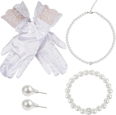 4 Pcs Girls Tea Party Gloves Pearl Necklace Bracelet Earring Set Pearl Necklace Set for First Communion Flower Tea Party Birthday New Year Gifts in Kuwait