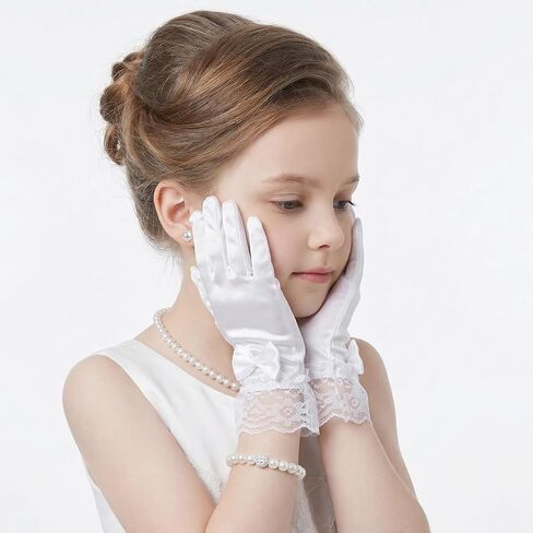 4 Pcs Girls Tea Party Gloves Pearl Necklace Bracelet Earring Set Pearl Necklace Set for First Communion Flower Tea Party Birthday New Year Gifts in Kuwait