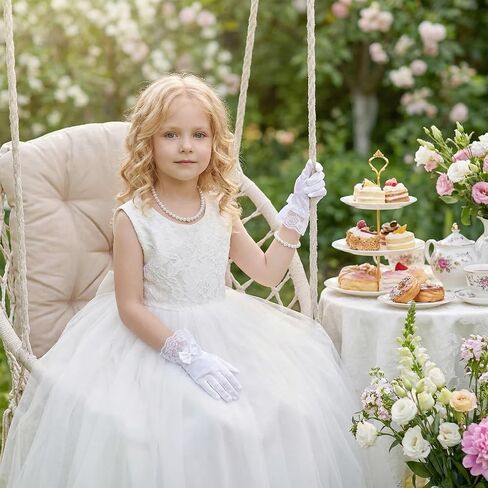 4 Pcs Girls Tea Party Gloves Pearl Necklace Bracelet Earring Set Pearl Necklace Set for First Communion Flower Tea Party Birthday New Year Gifts in Kuwait