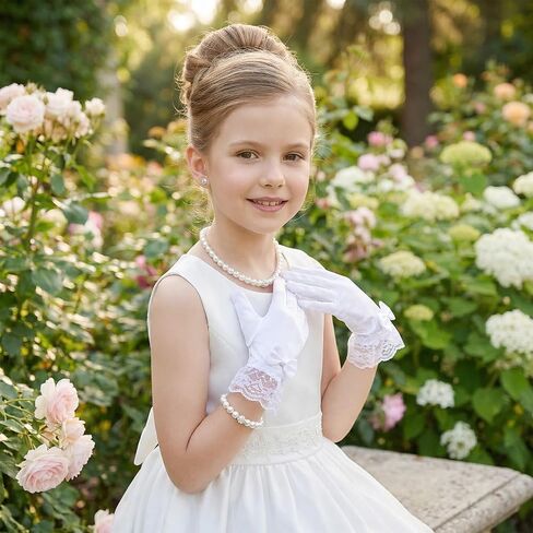 4 Pcs Girls Tea Party Gloves Pearl Necklace Bracelet Earring Set Pearl Necklace Set for First Communion Flower Tea Party Birthday New Year Gifts in Kuwait