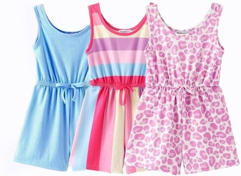 Girls’ Rompers 3-Pack, Sleeveless Summer Jumpsuits with Elastic Waist, Soft Stretch Fabric, Ages 3-10 in Kuwait