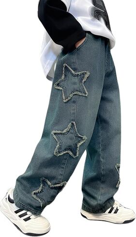 JiAmy Boys Baggy Jeans Wide Leg Elastic Waist Pants Denim Cargo Trousers with Pockets Casual Streetwear 7-15Y in Kuwait