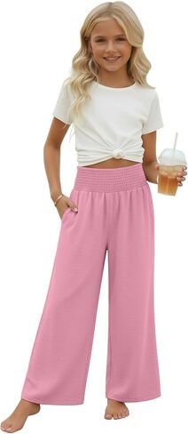 Girl's Palazzo Trousers Wide Leg Boho High Waist Pants Smock Trousers Elastic Casual Pants with Pockets 5-14 Years in Kuwait