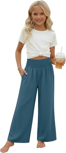 Girl's Palazzo Trousers Wide Leg Boho High Waist Pants Smock Trousers Elastic Casual Pants with Pockets 5-14 Years in Saudi Arabia