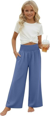 Girl's Palazzo Trousers Wide Leg Boho High Waist Pants Smock Trousers Elastic Casual Pants with Pockets 5-14 Years in Saudi Arabia