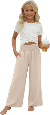Girl's Palazzo Trousers Wide Leg Boho High Waist Pants Smock Trousers Elastic Casual Pants with Pockets 5-14 Years in Saudi Arabia