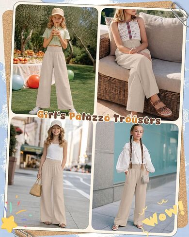 Girl's Palazzo Trousers Wide Leg Boho High Waist Pants Smock Trousers Elastic Casual Pants with Pockets 5-14 Years in Saudi Arabia