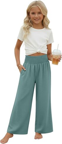 Girl's Palazzo Trousers Wide Leg Boho High Waist Pants Smock Trousers Elastic Casual Pants with Pockets 5-14 Years in Saudi Arabia