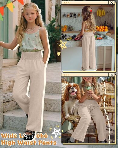 Girl's Palazzo Trousers Wide Leg Boho High Waist Pants Smock Trousers Elastic Casual Pants with Pockets 5-14 Years in Saudi Arabia