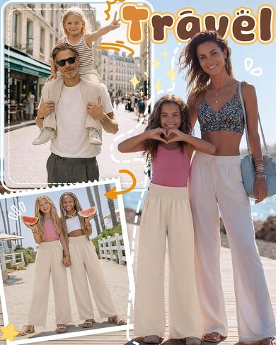Girl's Palazzo Trousers Wide Leg Boho High Waist Pants Smock Trousers Elastic Casual Pants with Pockets 5-14 Years in Saudi Arabia