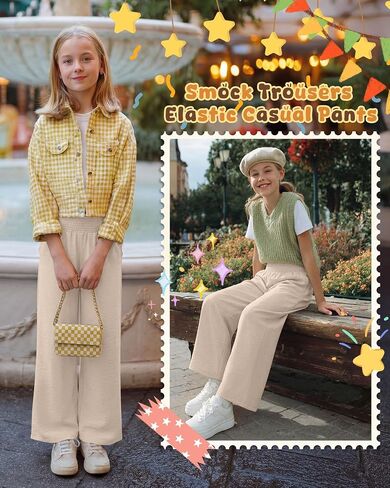 Girl's Palazzo Trousers Wide Leg Boho High Waist Pants Smock Trousers Elastic Casual Pants with Pockets 5-14 Years in Saudi Arabia