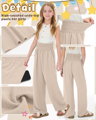 Girl's Palazzo Trousers Wide Leg Boho High Waist Pants Smock Trousers Elastic Casual Pants with Pockets 5-14 Years in Saudi Arabia