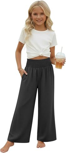 Girl's Palazzo Trousers Wide Leg Boho High Waist Pants Smock Trousers Elastic Casual Pants with Pockets 5-14 Years in Saudi Arabia