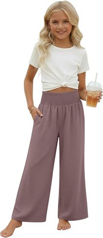 Girl's Palazzo Trousers Wide Leg Boho High Waist Pants Smock Trousers Elastic Casual Pants with Pockets 5-14 Years in Saudi Arabia
