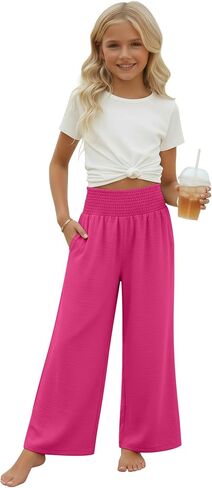 Girl's Palazzo Trousers Wide Leg Boho High Waist Pants Smock Trousers Elastic Casual Pants with Pockets 5-14 Years in Saudi Arabia