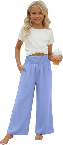 Girl's Palazzo Trousers Wide Leg Boho High Waist Pants Smock Trousers Elastic Casual Pants with Pockets 5-14 Years in Saudi Arabia
