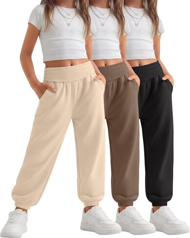 3 Pack Girls Joggers Sweatpants High Elastic Waisted Joggers Athletic Casual Sweat Pants with Pockets in Kuwait