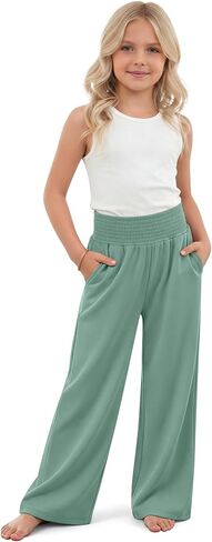 Girls Wide Leg Flowy Pants Summer Lightweight Trousers High Elastic Waist Loose Casual Pants for Kids 5-14Y in Kuwait