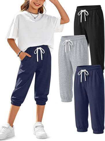 3 Pack Girls’ Capri Joggers Drawstring Cropped Pants Elastic Waist Casual Loose Capri Sweatpants with Pockets in Saudi Arabia