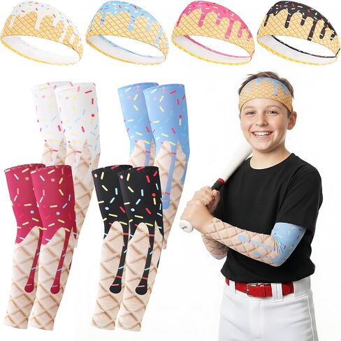 JATEBI Ice Cream Baseball Arm Sleeves and Sports Headbands, Youth Sun Protection Compression Arm Sleeve Elastic Sweatband in Kuwait