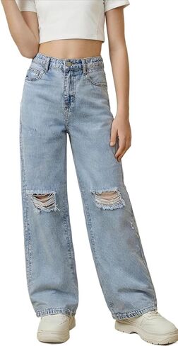 Girls Y2K Wide Leg Jeans,Elastic Waist Baggy Denim Pants Teens Streetwear in Kuwait