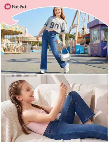 PATPAT Girls Bootcut Jeans 5-14 Years, Stretch Denim Pants with Mid-Rise Elastic Waist in Kuwait