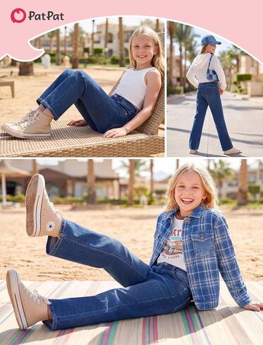 PATPAT Girls Bootcut Jeans 5-14 Years, Stretch Denim Pants with Mid-Rise Elastic Waist in Kuwait